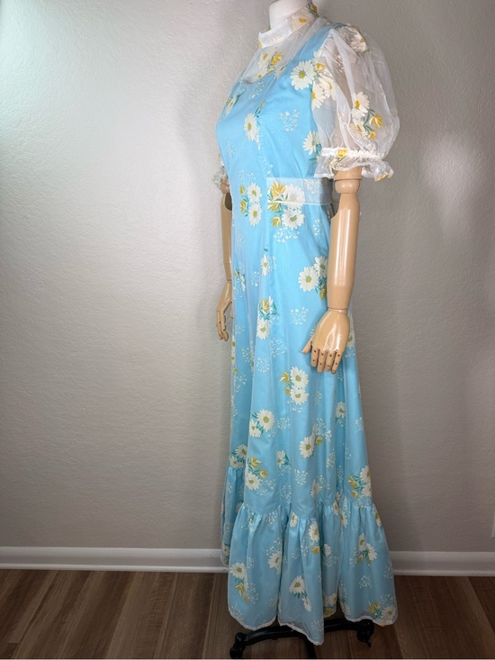 Vintage Dresses & Skirts - Vintage 60s Sky Blue Prairie Flocked Daisy Floral Ruffled Maxi Dress SMALL EUC